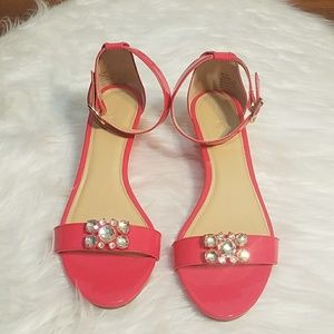 Coral Jeweled Ankle Strap Sandals Evening Party Dressy Shoes EUC